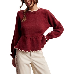 Springrain Women’s Scalloped Peplum Long Sleeve Knit Sweater(Winered)