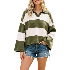 Springrain Womens Striped Polo Collar Knit Sweater Color Block Pullover(Armygreen)