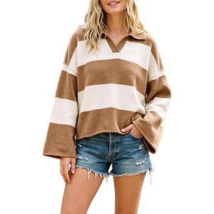 Springrain Womens Striped Polo Collar Knit Sweater Color Block Pullover(Brown)