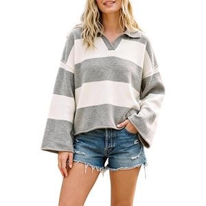 Springrain Womens Striped Polo Collar Knit Sweater Color Block Pullover(Grey)