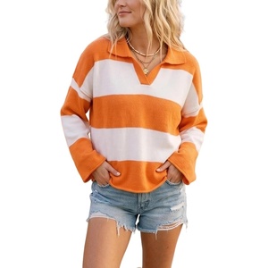 Springrain Womens Striped Polo Collar Knit Sweater Color Block Pullover(Orange)