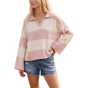 Springrain Womens Striped Polo Collar Knit Sweater Color Block Pullover(Pink)