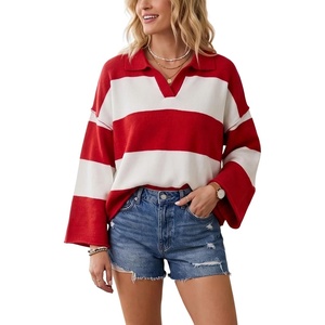 Springrain Womens Striped Polo Collar Knit Sweater Color Block Pullover(Red)