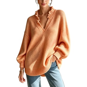 Springrain Women’s V Neck Ruffle Fall Knit Pullover Sweater(Orange)