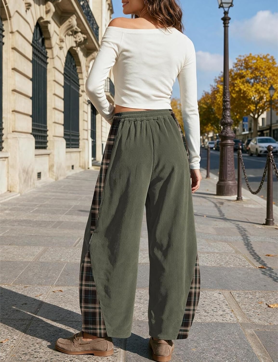 image:imageSpringrain Womens Corduroy Barrel Leg Plaid Patchwork Drawstring PantsArmygreen