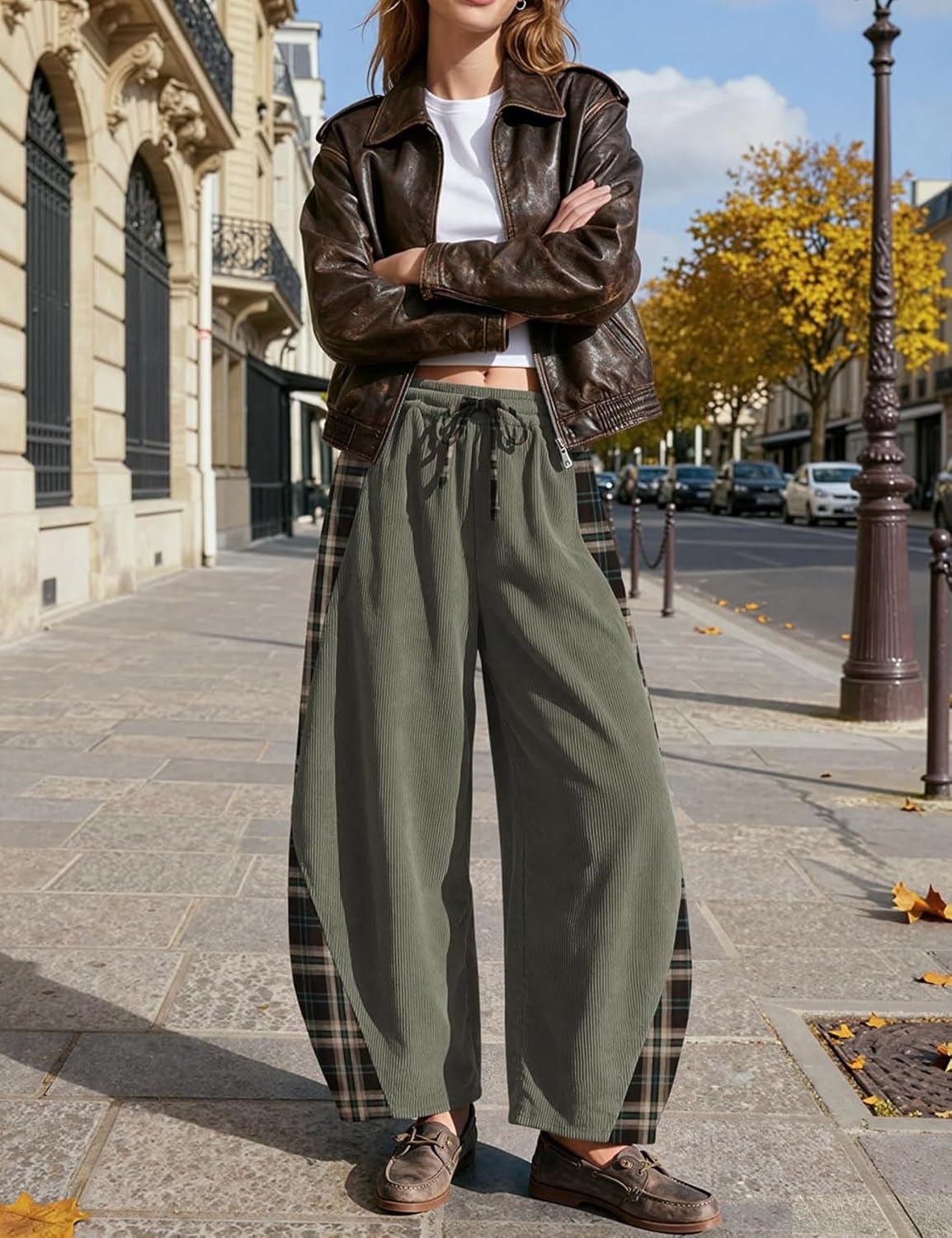 image:imageSpringrain Womens Corduroy Barrel Leg Plaid Patchwork Drawstring PantsArmygreen