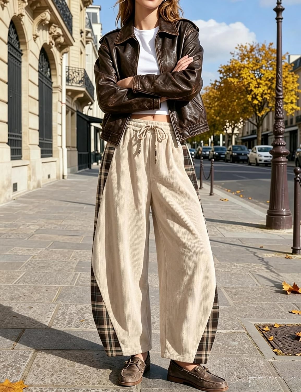 image:imageSpringrain Womens Corduroy Barrel Leg Plaid Patchwork Drawstring PantsBeige