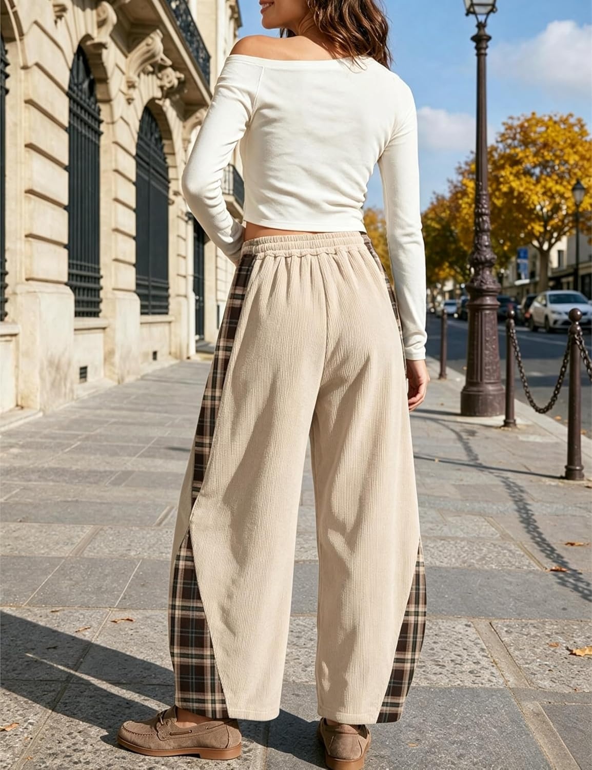 image:imageSpringrain Womens Corduroy Barrel Leg Plaid Patchwork Drawstring PantsBeige