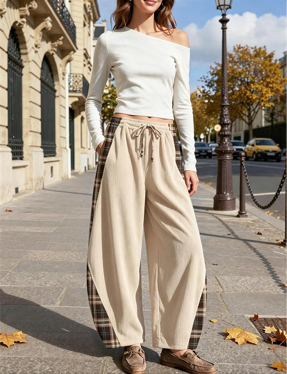 image:imageSpringrain Womens Corduroy Barrel Leg Plaid Patchwork Drawstring PantsBeige