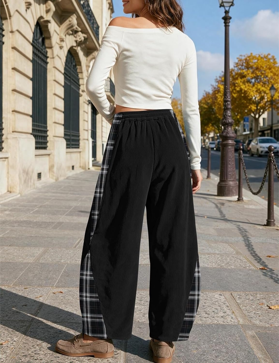 image:imageSpringrain Womens Corduroy Barrel Leg Plaid Patchwork Drawstring PantsBlack