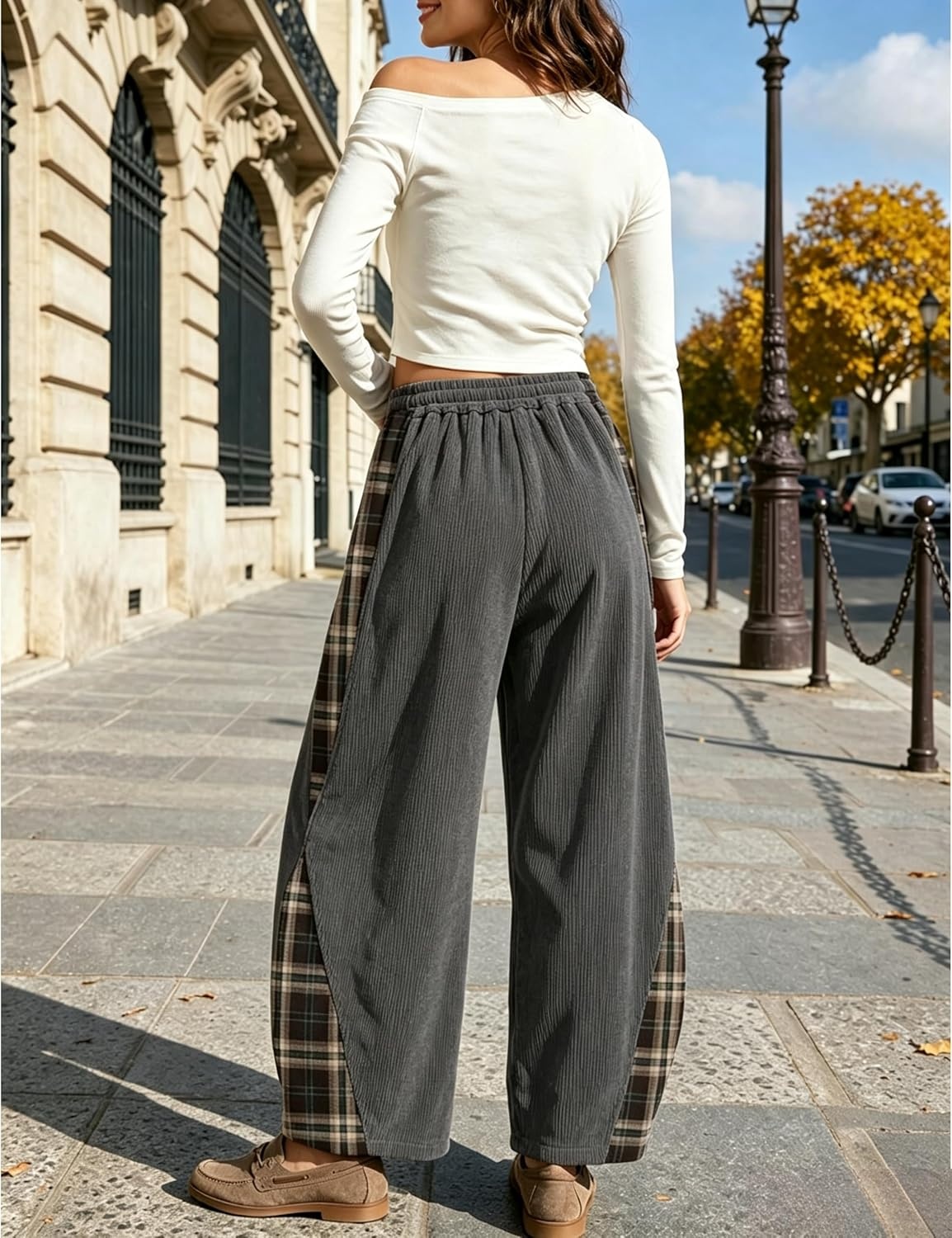 image:imageSpringrain Womens Corduroy Barrel Leg Plaid Patchwork Drawstring PantsDarkgrey