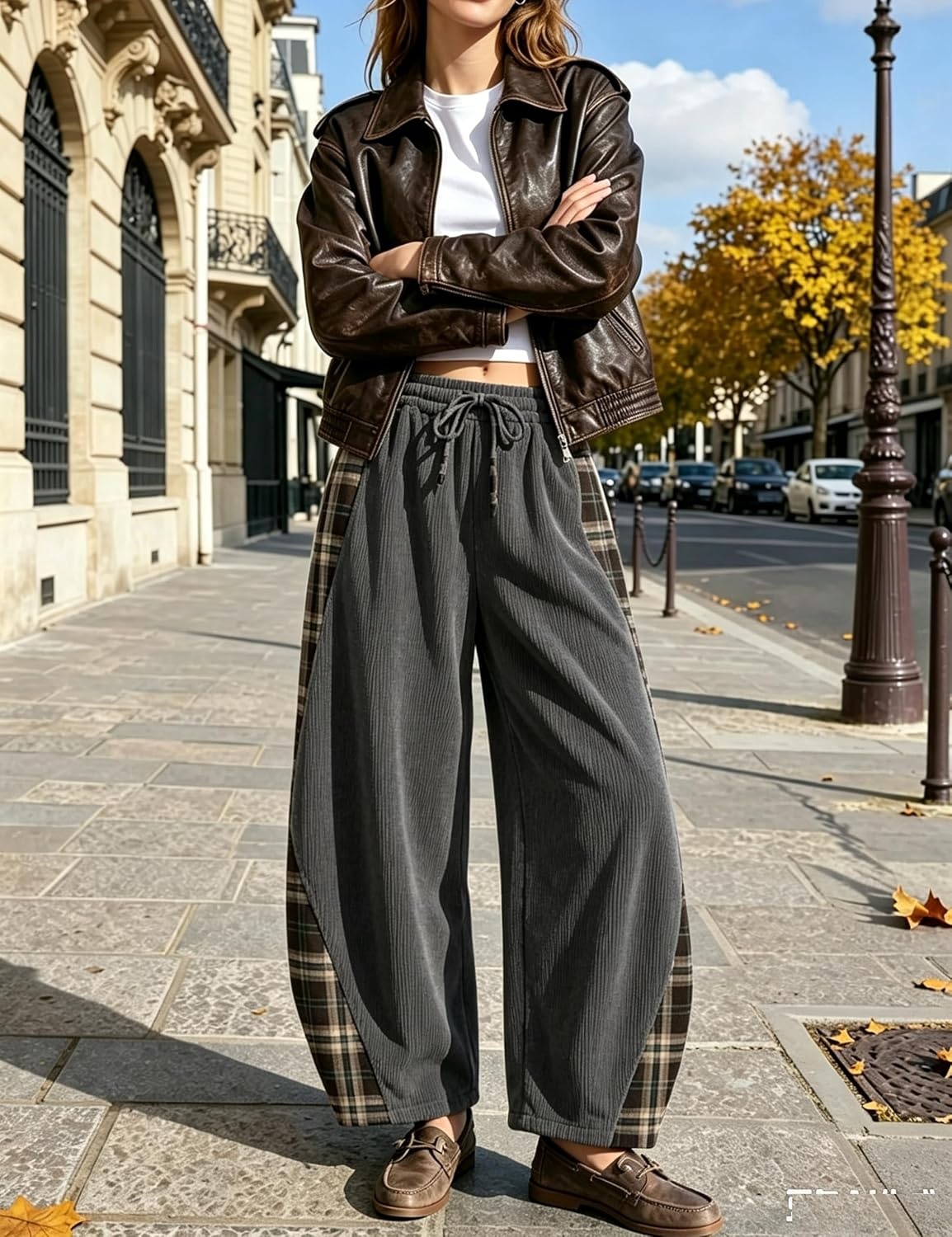 image:imageSpringrain Womens Corduroy Barrel Leg Plaid Patchwork Drawstring PantsDarkgrey