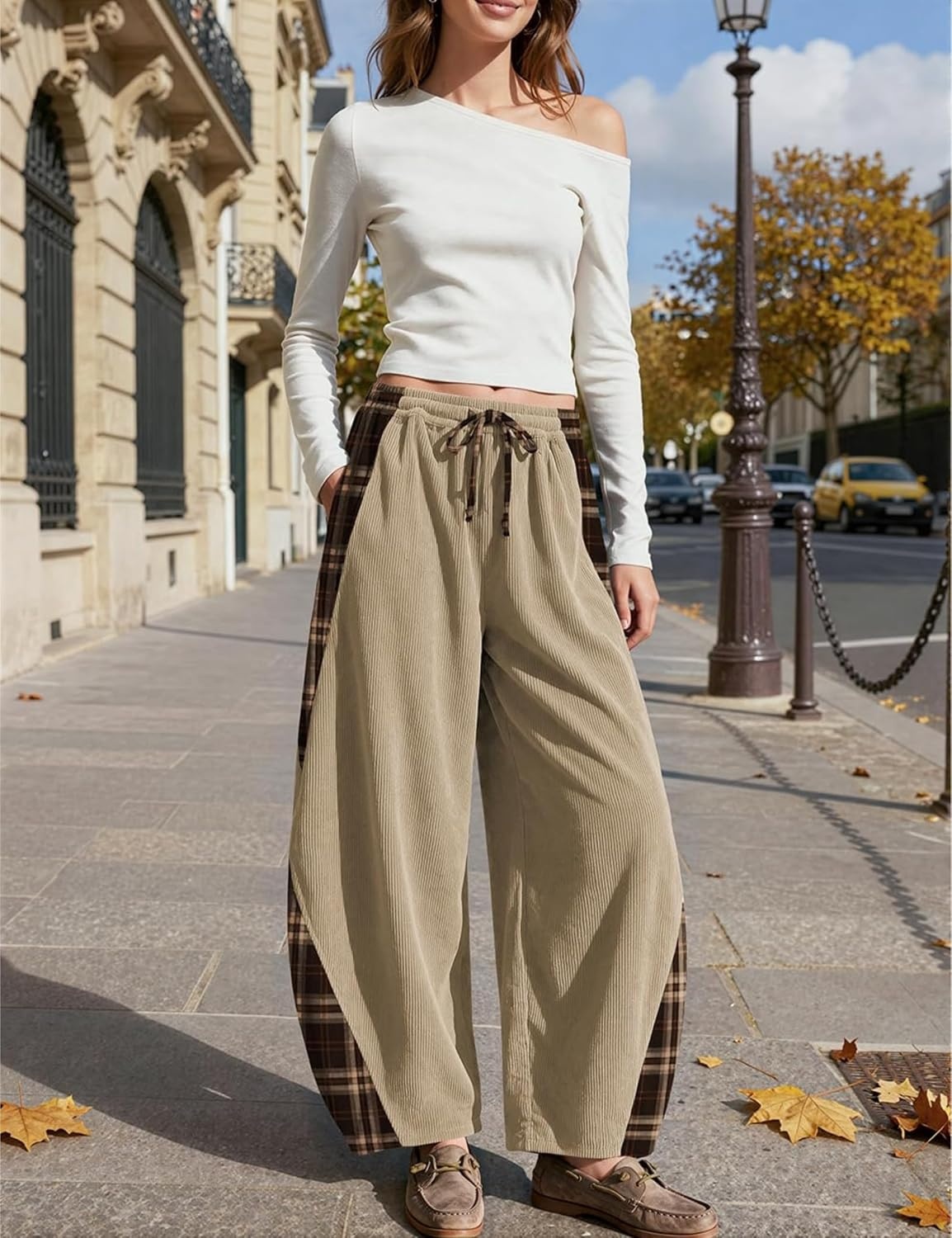 image:imageSpringrain Womens Corduroy Barrel Leg Plaid Patchwork Drawstring PantsKhaki