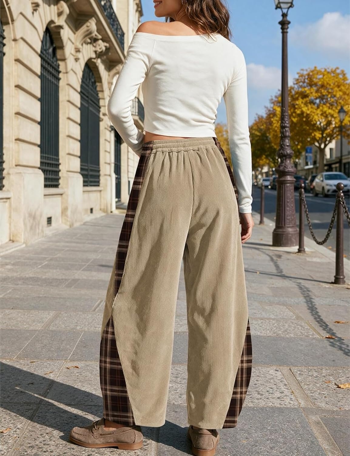 image:imageSpringrain Womens Corduroy Barrel Leg Plaid Patchwork Drawstring PantsKhaki