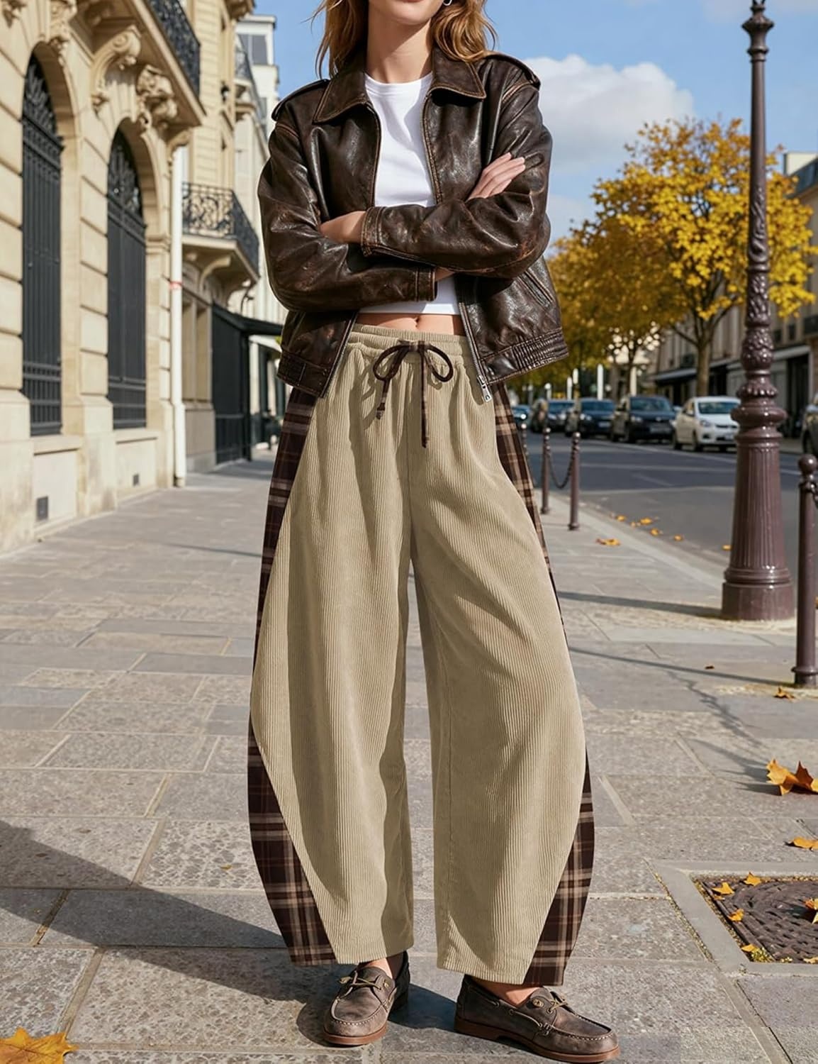 image:imageSpringrain Womens Corduroy Barrel Leg Plaid Patchwork Drawstring PantsKhaki