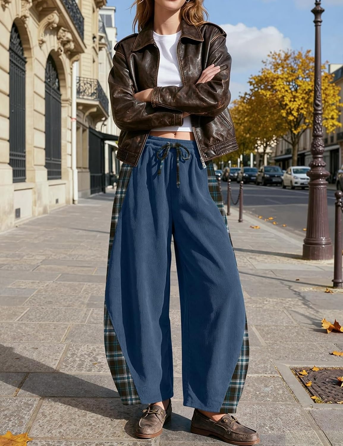 image:imageSpringrain Womens Corduroy Barrel Leg Plaid Patchwork Drawstring PantsNavy