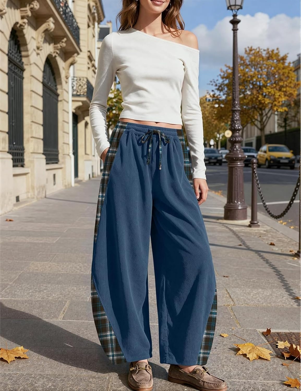 image:imageSpringrain Womens Corduroy Barrel Leg Plaid Patchwork Drawstring PantsNavy