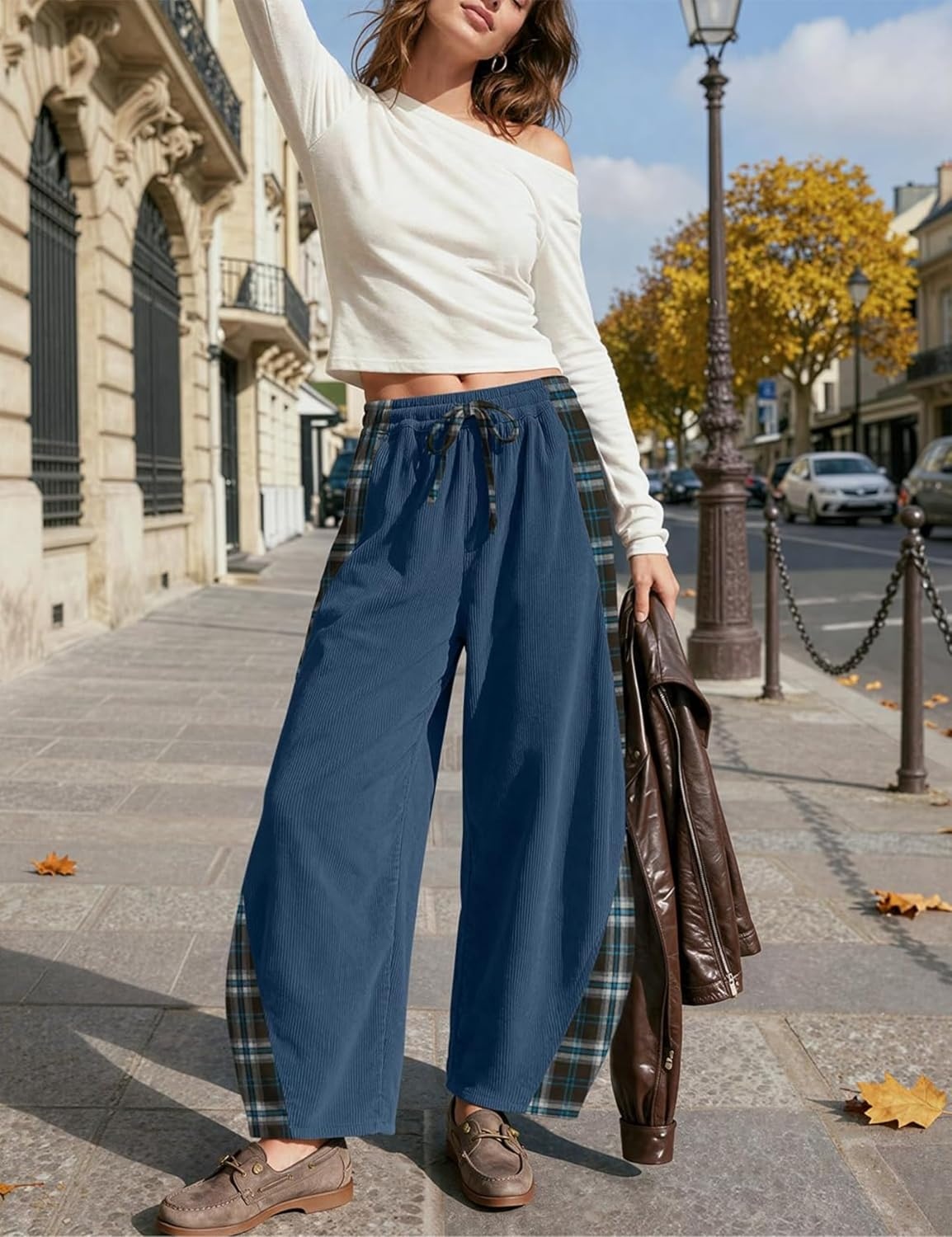 image:imageSpringrain Womens Corduroy Barrel Leg Plaid Patchwork Drawstring PantsNavy