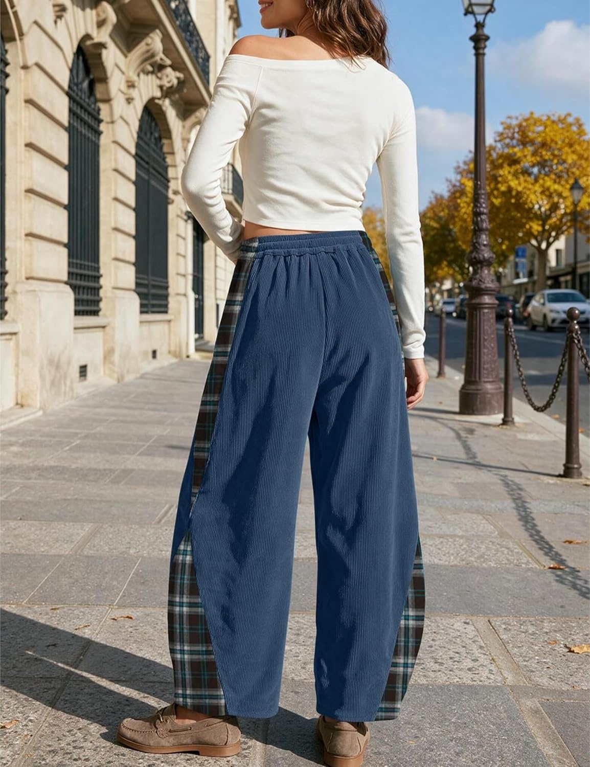 image:imageSpringrain Womens Corduroy Barrel Leg Plaid Patchwork Drawstring PantsNavy