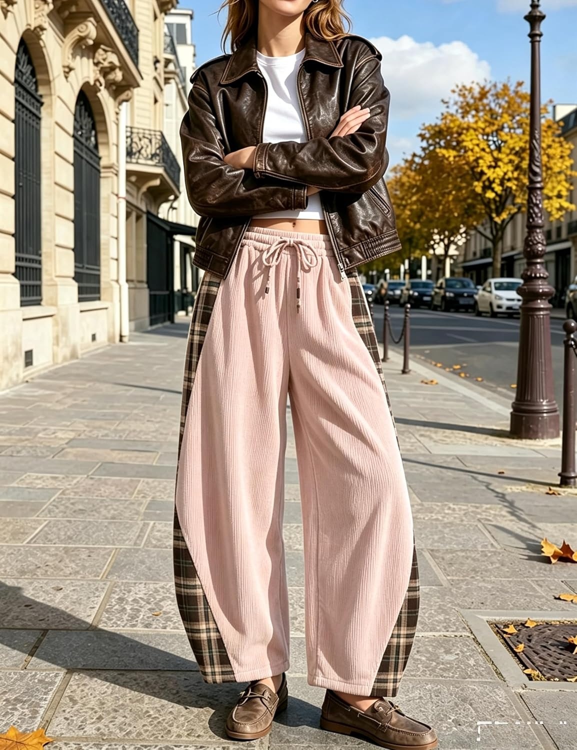 image:imageSpringrain Womens Corduroy Barrel Leg Plaid Patchwork Drawstring PantsPink