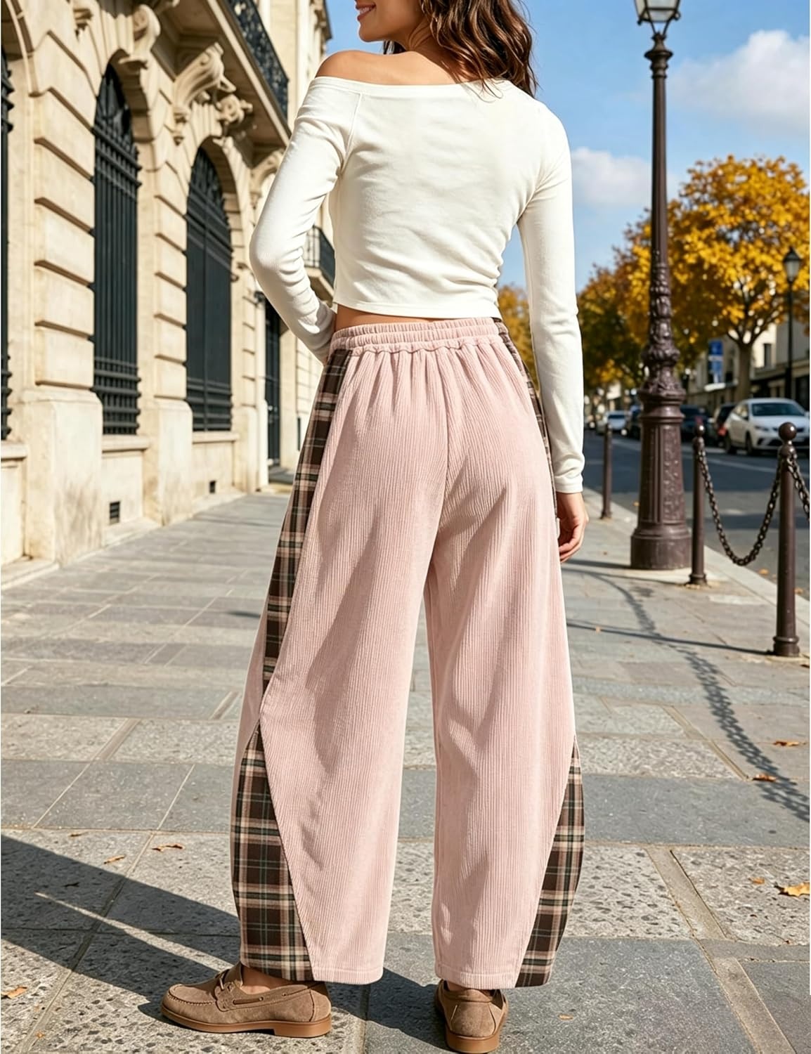 image:imageSpringrain Womens Corduroy Barrel Leg Plaid Patchwork Drawstring PantsPink