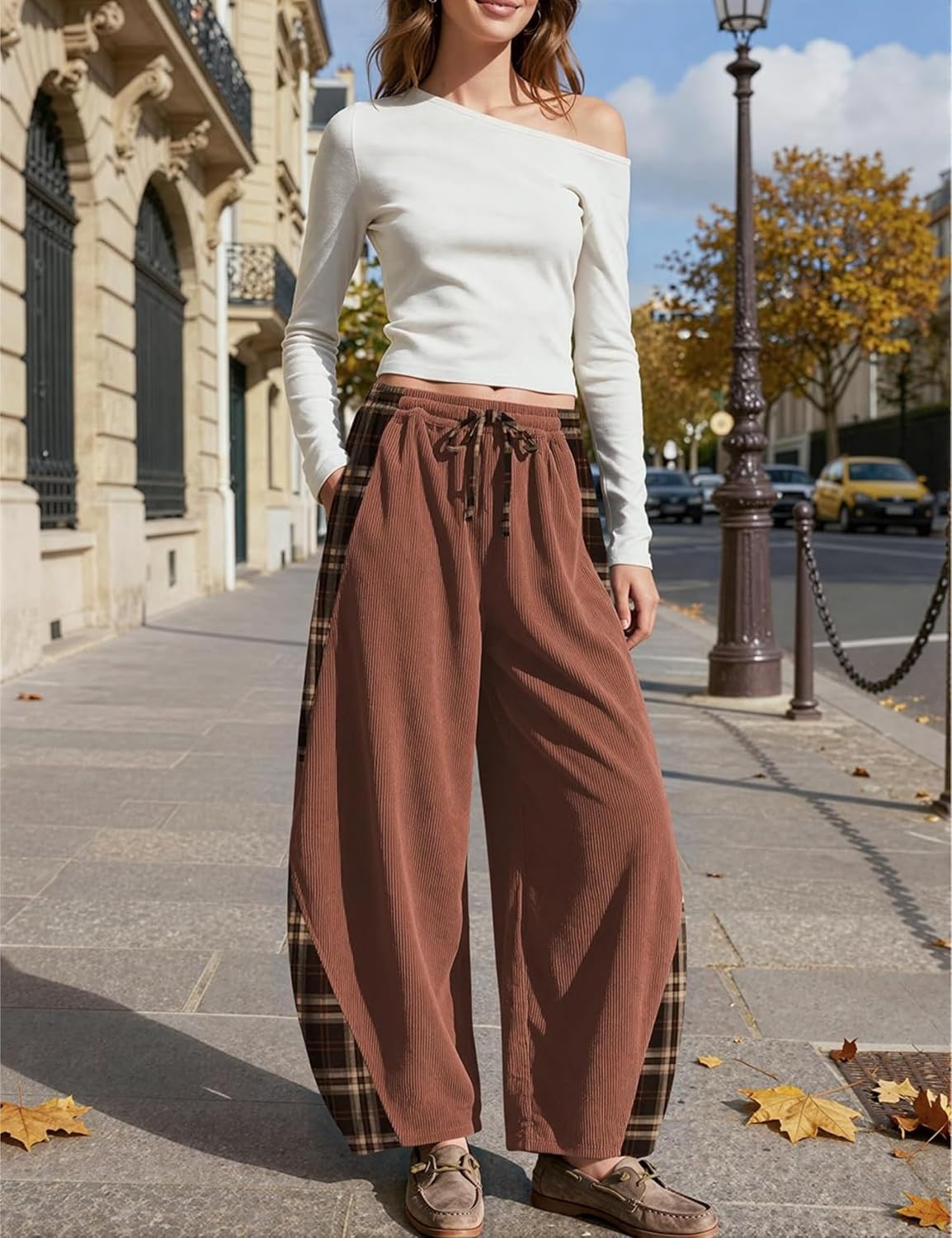 image:imageSpringrain Womens Corduroy Barrel Leg Plaid Patchwork Drawstring PantsRust