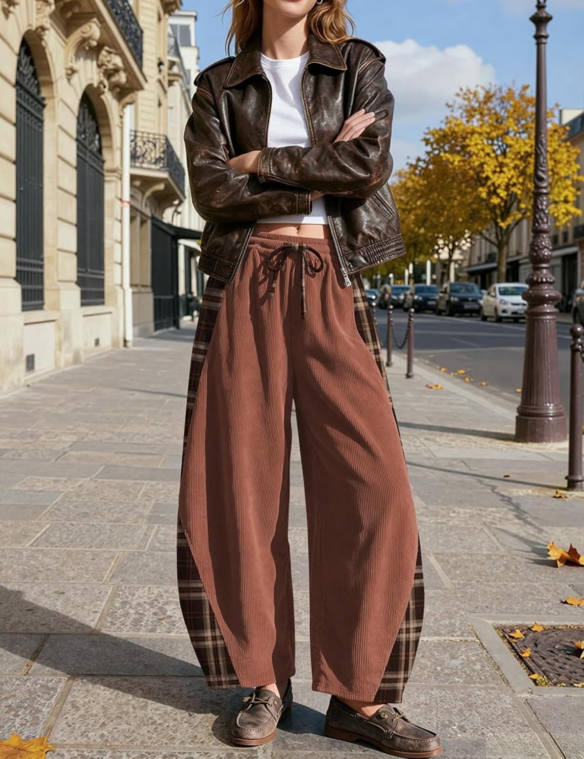 image:imageSpringrain Womens Corduroy Barrel Leg Plaid Patchwork Drawstring PantsRust