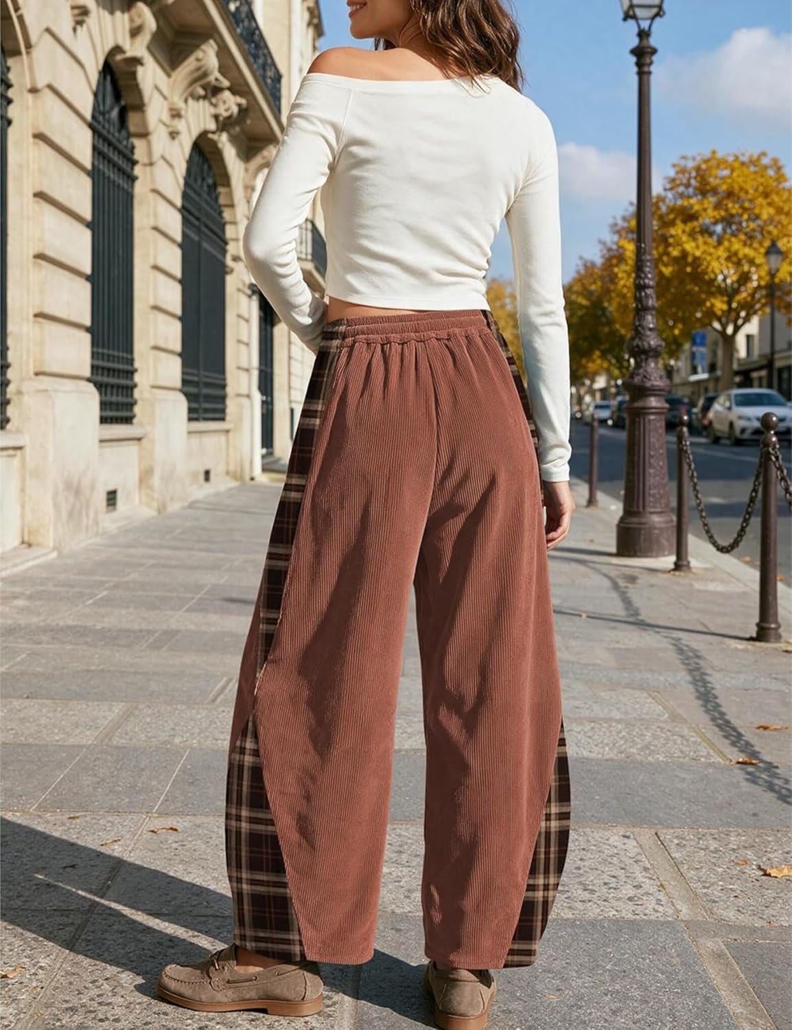 image:imageSpringrain Womens Corduroy Barrel Leg Plaid Patchwork Drawstring PantsRust