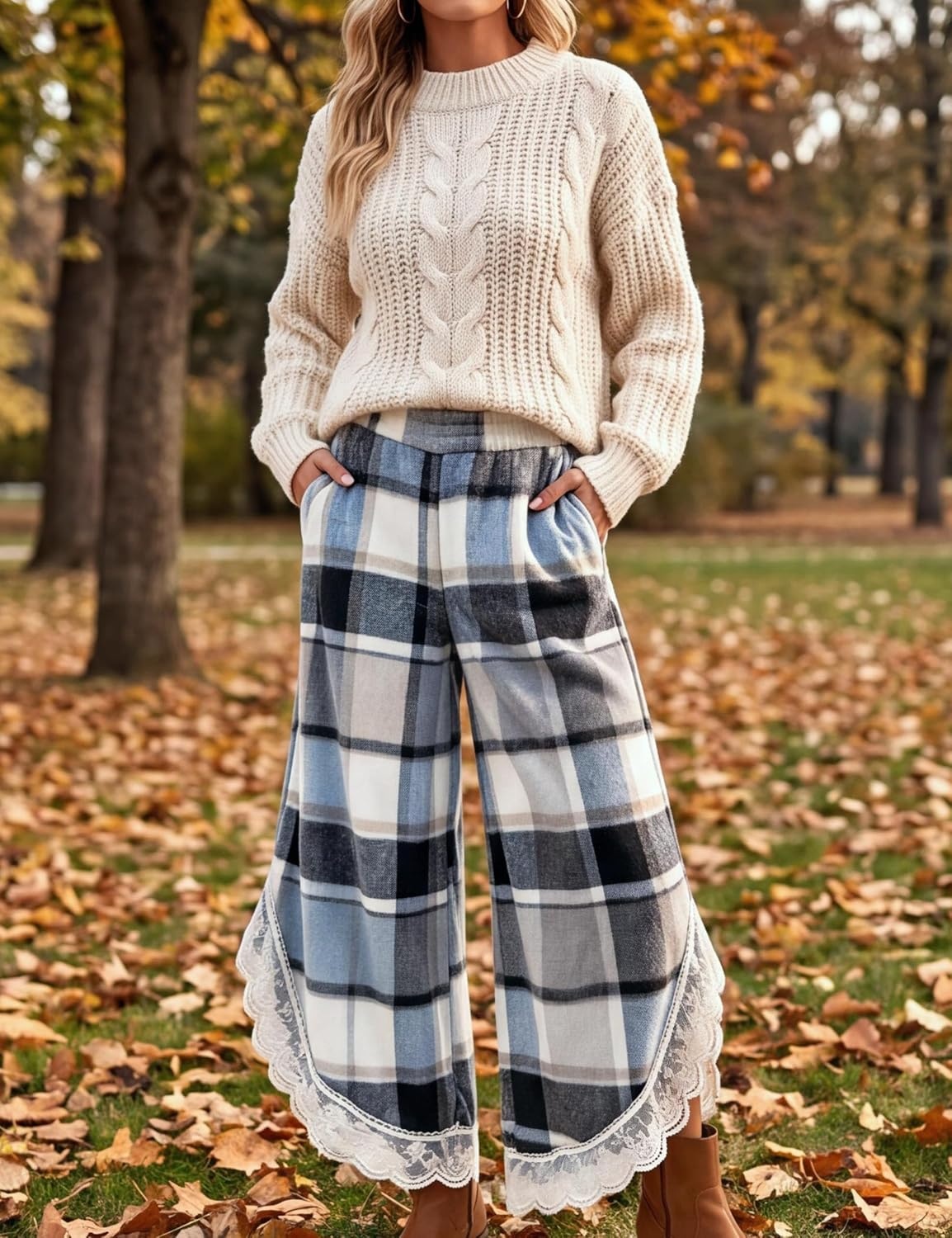 image:imageSpringrain Womens Flannel Plaid Wide Leg Pants Lace Trim Fall TrousersBlue