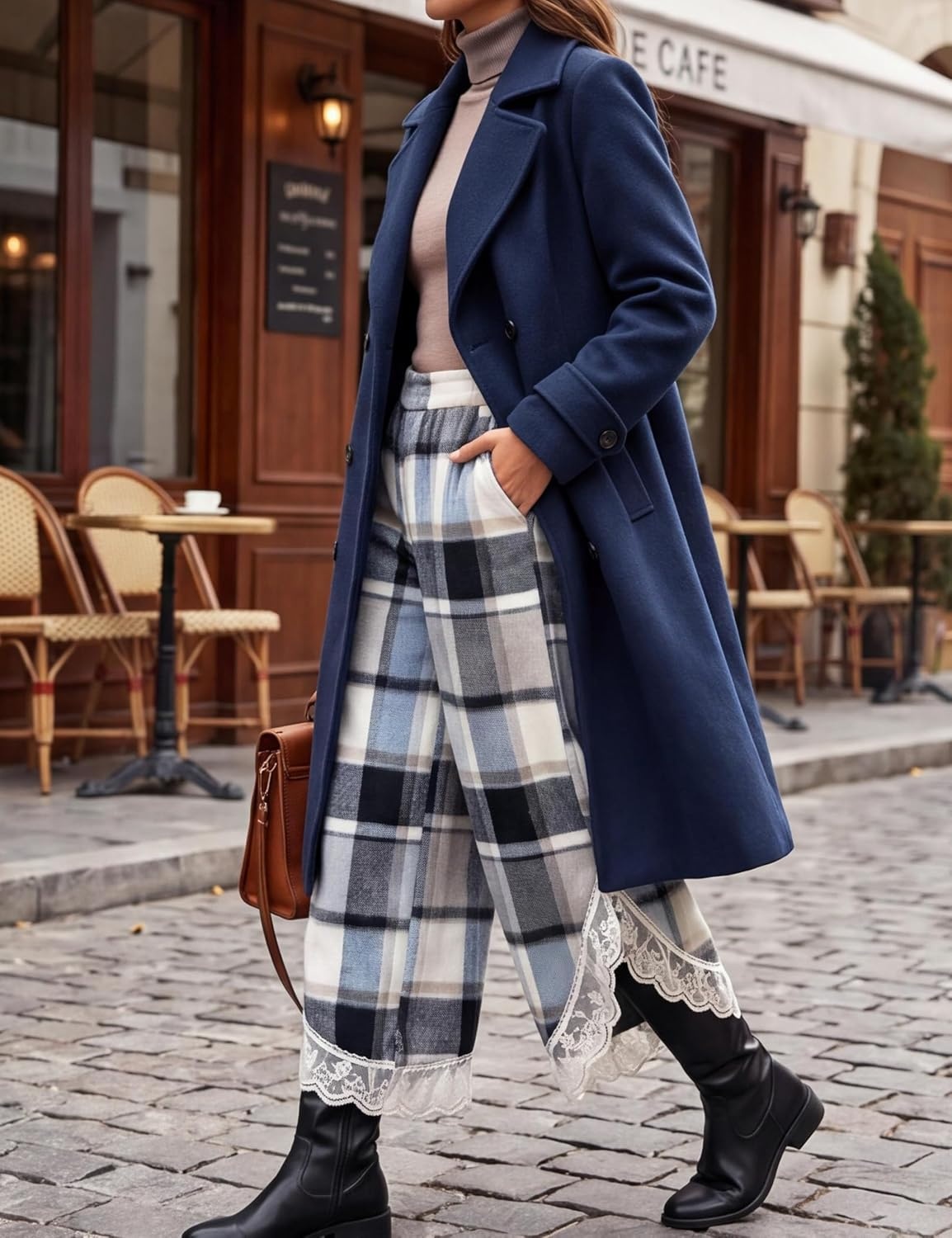 image:imageSpringrain Womens Flannel Plaid Wide Leg Pants Lace Trim Fall TrousersBlue