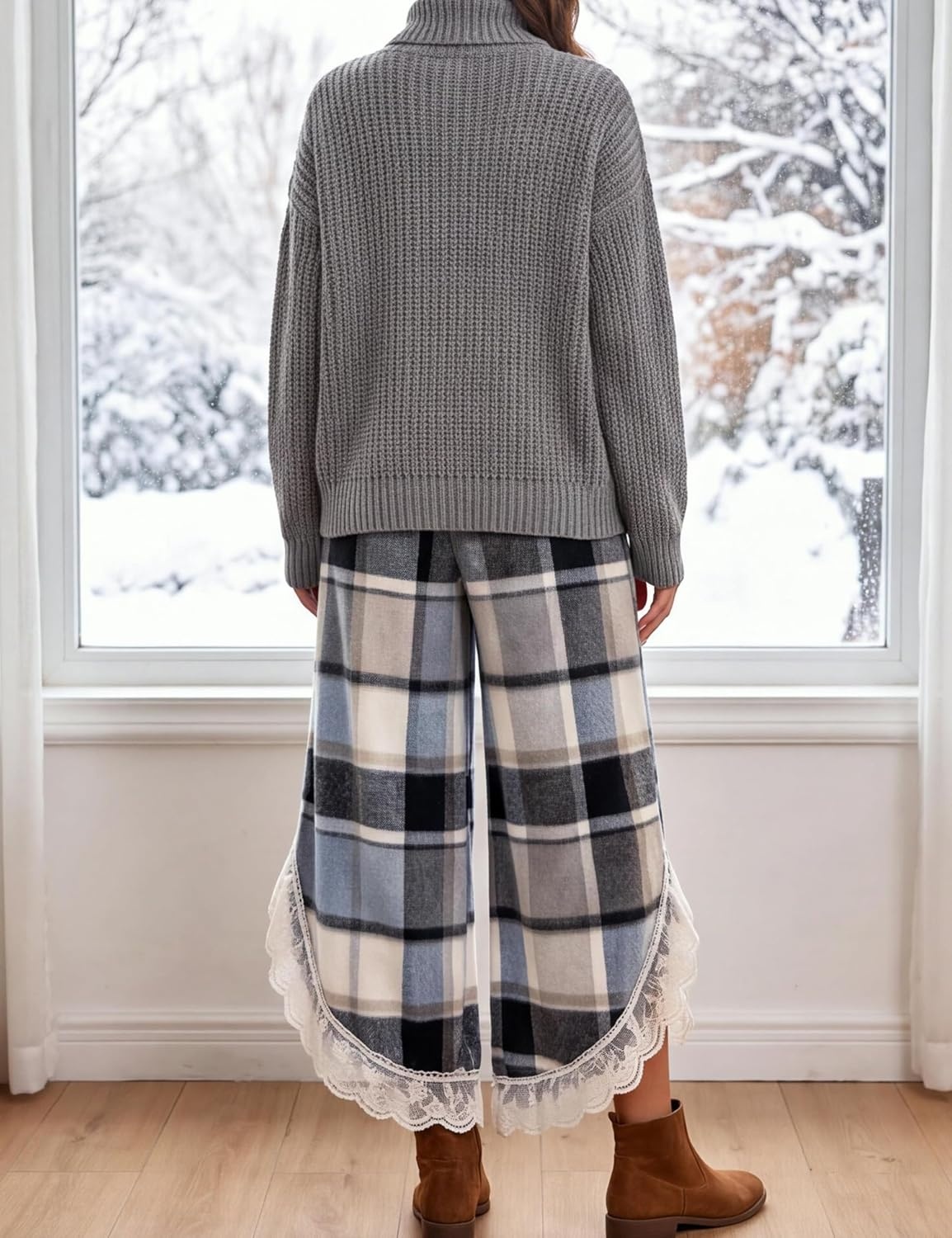 image:imageSpringrain Womens Flannel Plaid Wide Leg Pants Lace Trim Fall TrousersBlue
