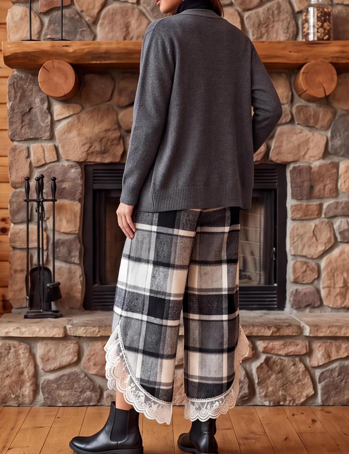 image:imageSpringrain Womens Flannel Plaid Wide Leg Pants Lace Trim Fall TrousersGrey