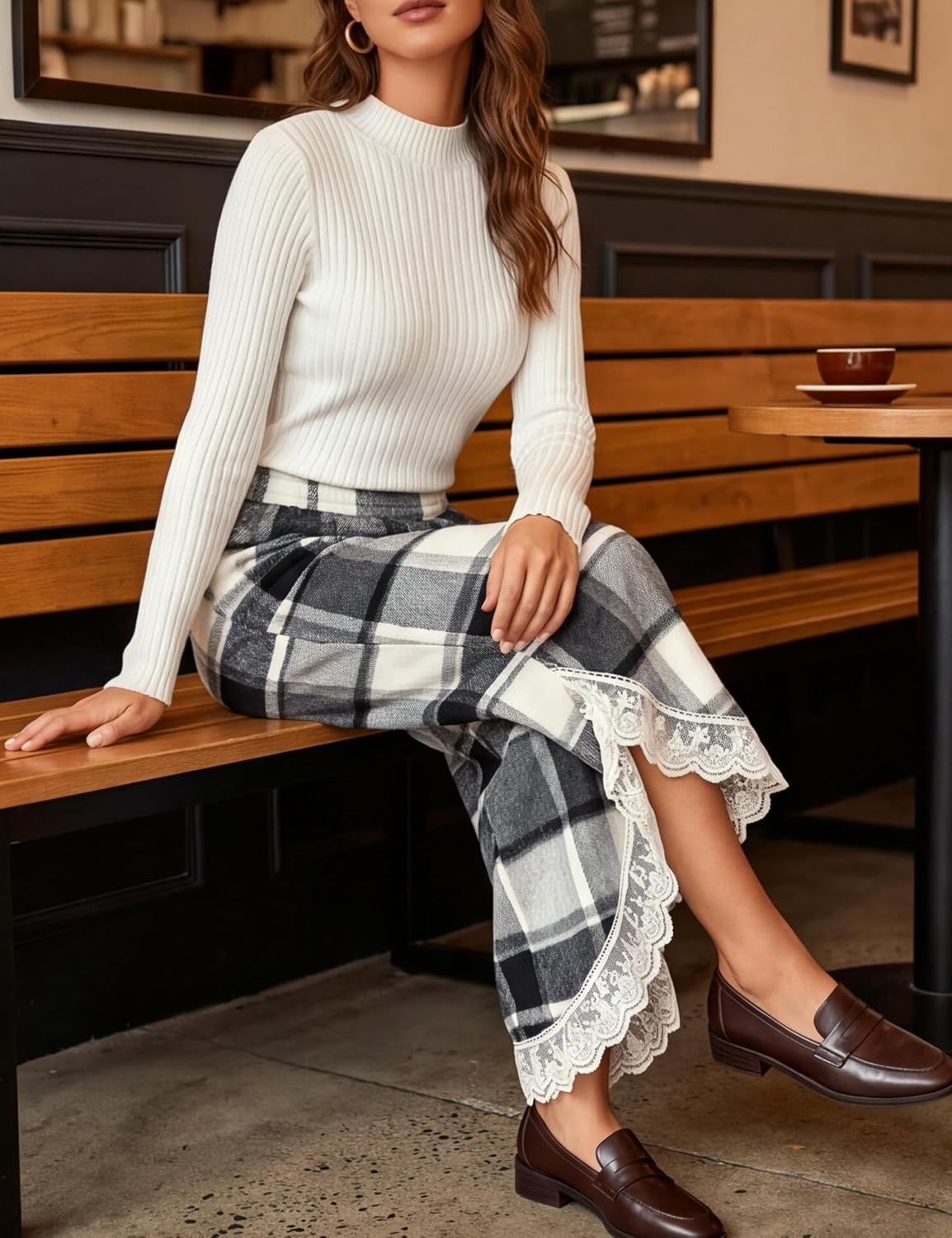 image:imageSpringrain Womens Flannel Plaid Wide Leg Pants Lace Trim Fall TrousersGrey