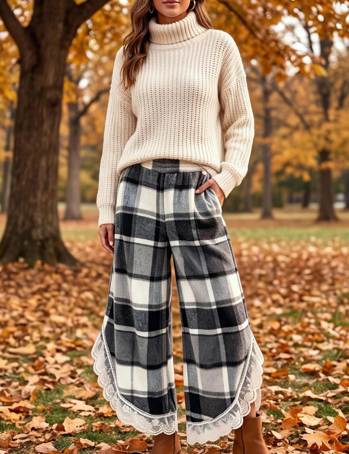 image:imageSpringrain Womens Flannel Plaid Wide Leg Pants Lace Trim Fall TrousersGrey