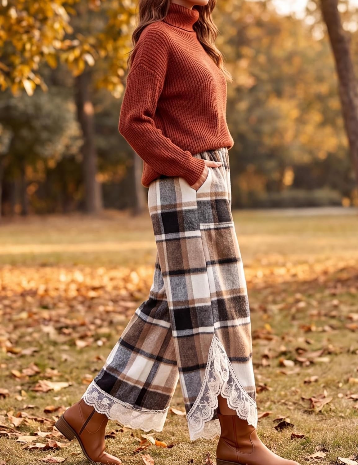 image:imageSpringrain Womens Flannel Plaid Wide Leg Pants Lace Trim Fall TrousersKhaki