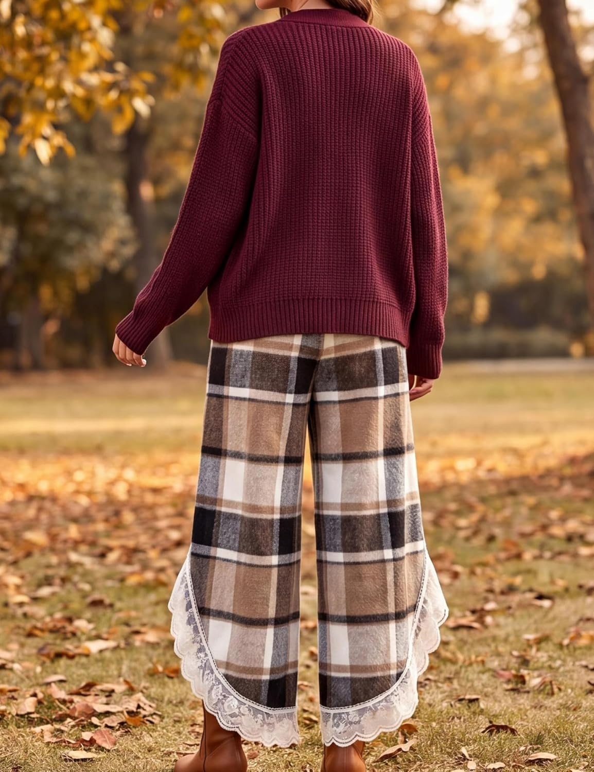 image:imageSpringrain Womens Flannel Plaid Wide Leg Pants Lace Trim Fall TrousersKhaki