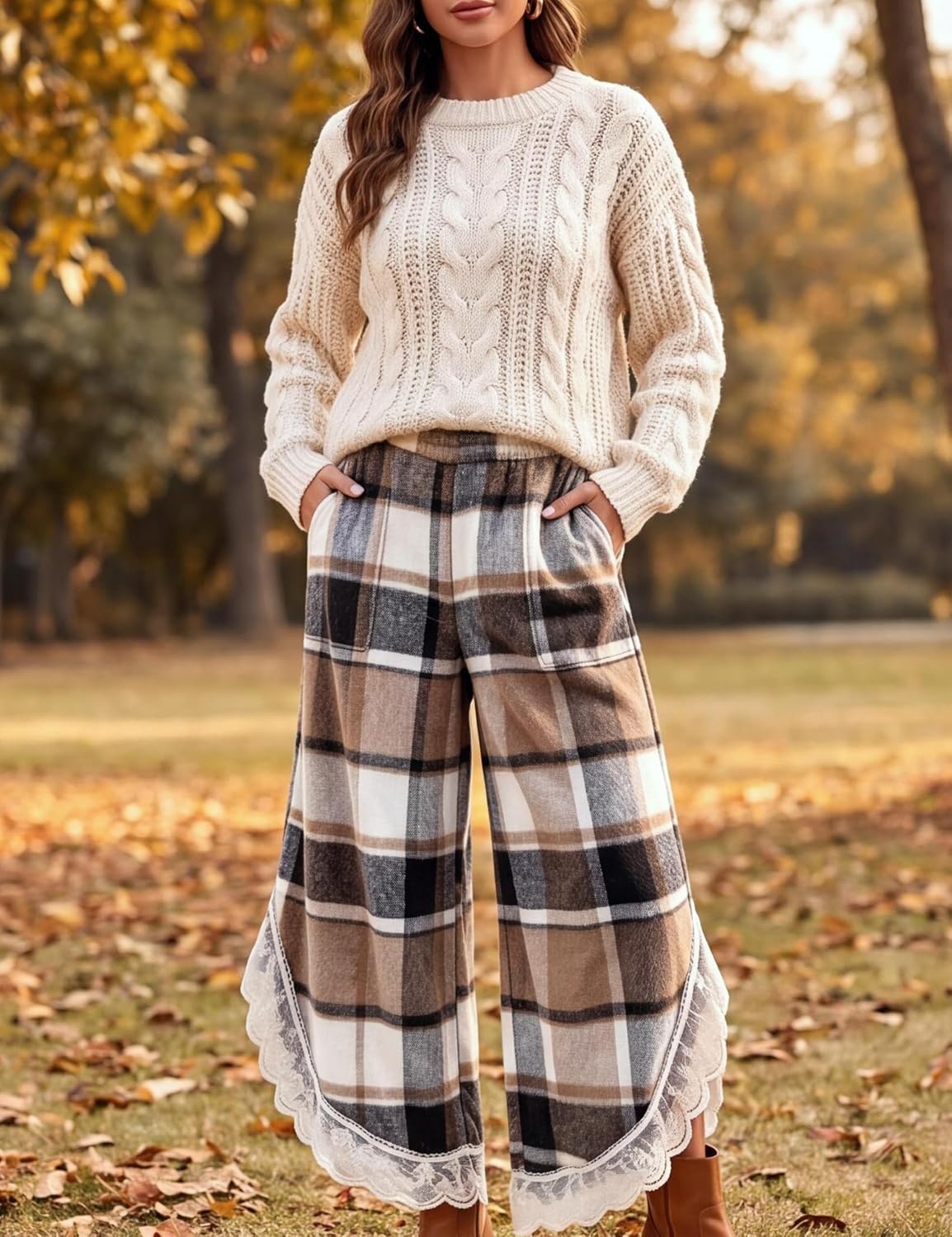 image:imageSpringrain Womens Flannel Plaid Wide Leg Pants Lace Trim Fall TrousersKhaki