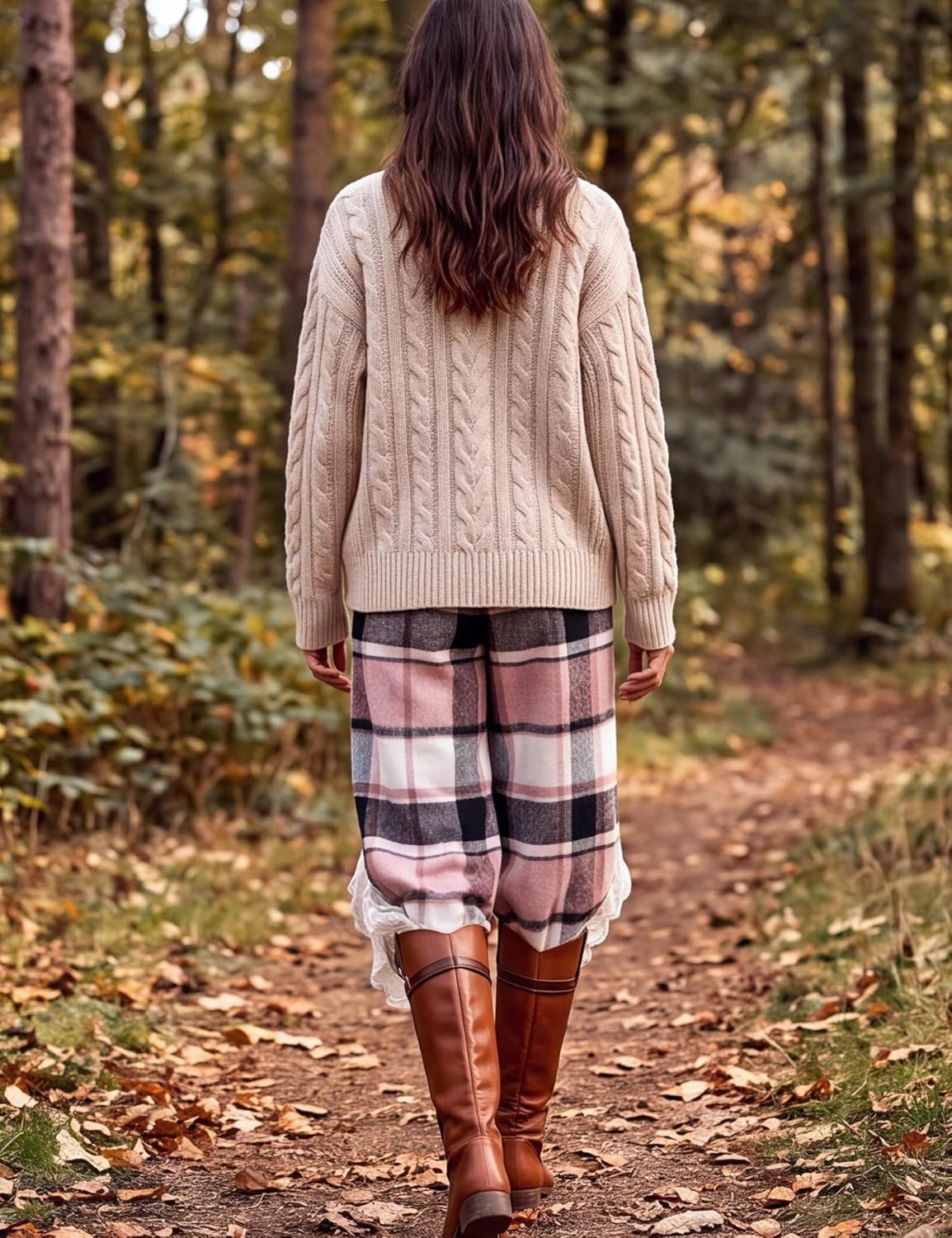 image:imageSpringrain Womens Flannel Plaid Wide Leg Pants Lace Trim Fall TrousersPink