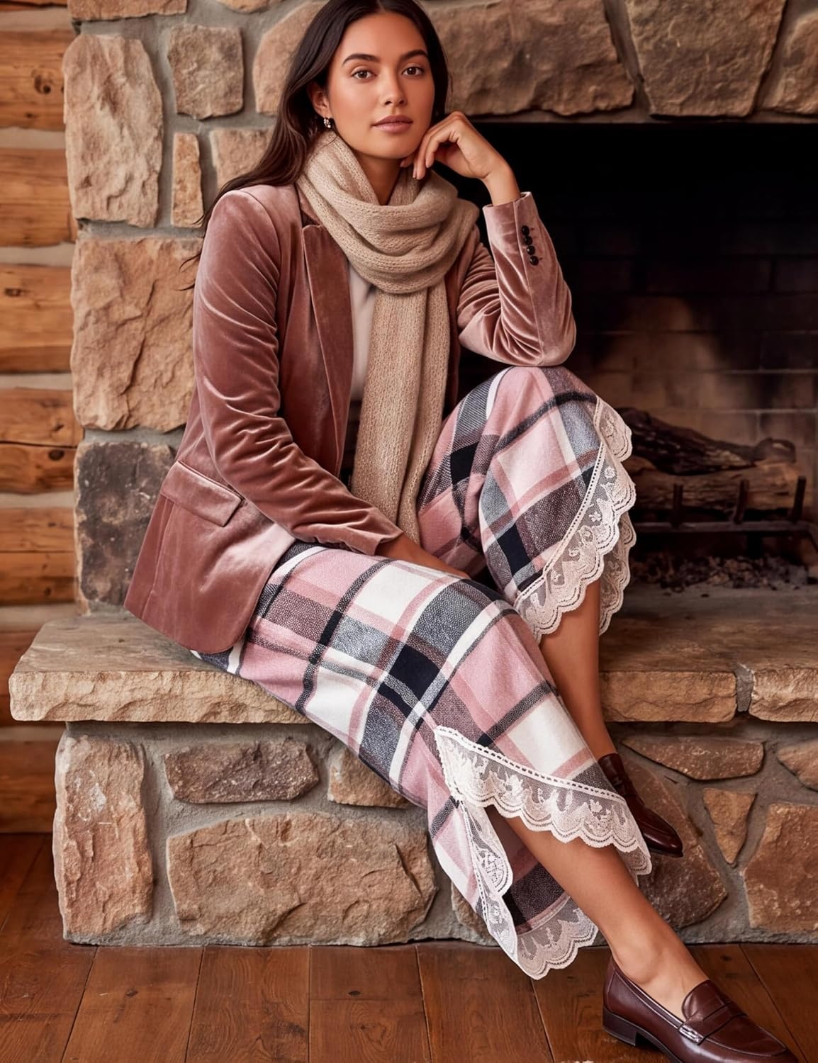 image:imageSpringrain Womens Flannel Plaid Wide Leg Pants Lace Trim Fall TrousersPink