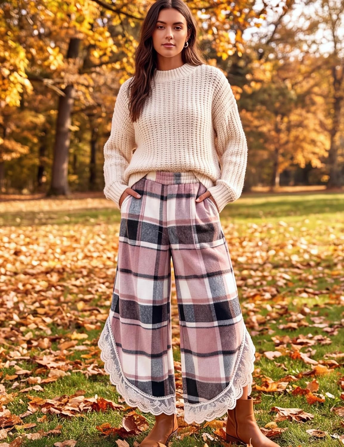 image:imageSpringrain Womens Flannel Plaid Wide Leg Pants Lace Trim Fall TrousersPink
