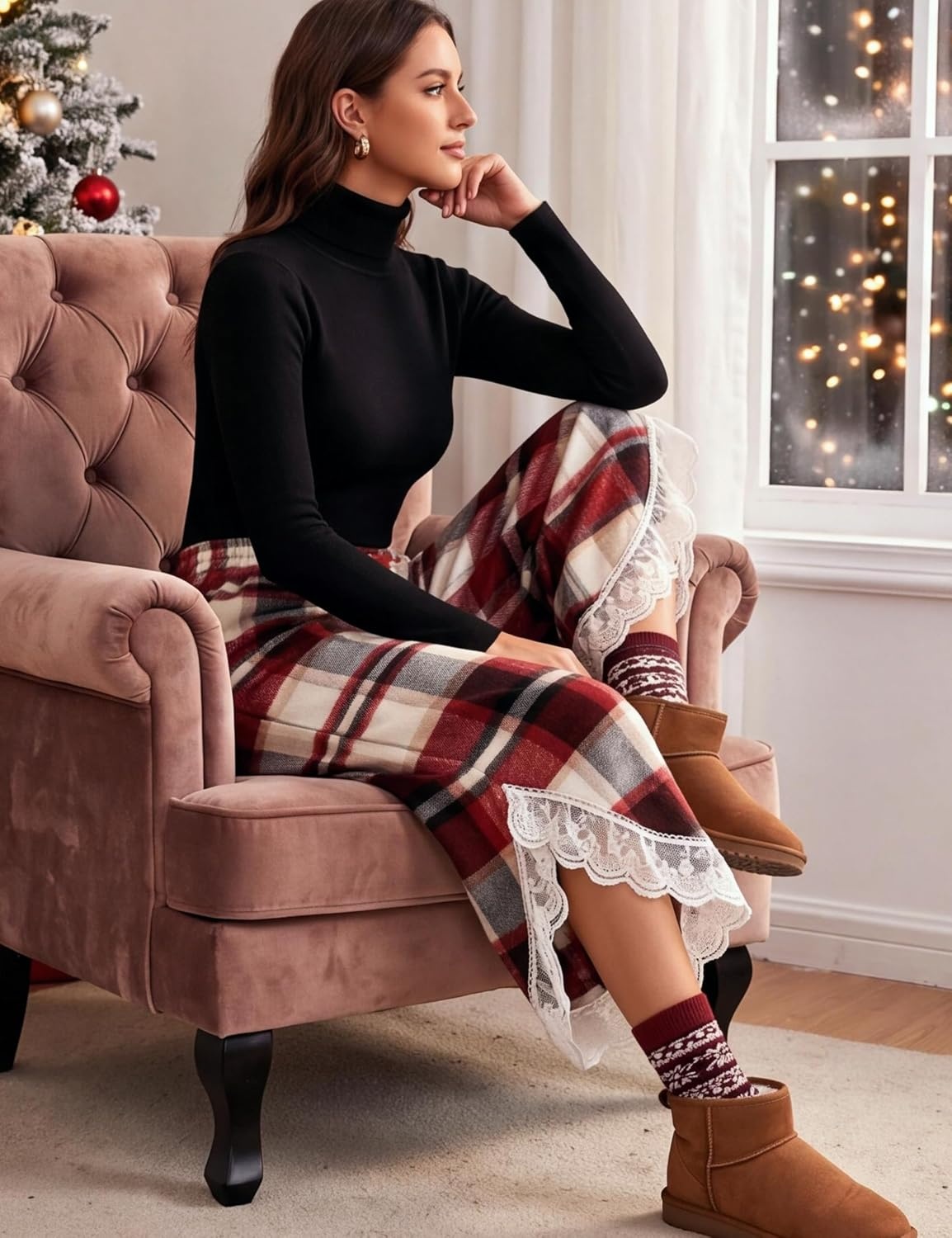 image:imageSpringrain Womens Flannel Plaid Wide Leg Pants Lace Trim Fall TrousersWinered