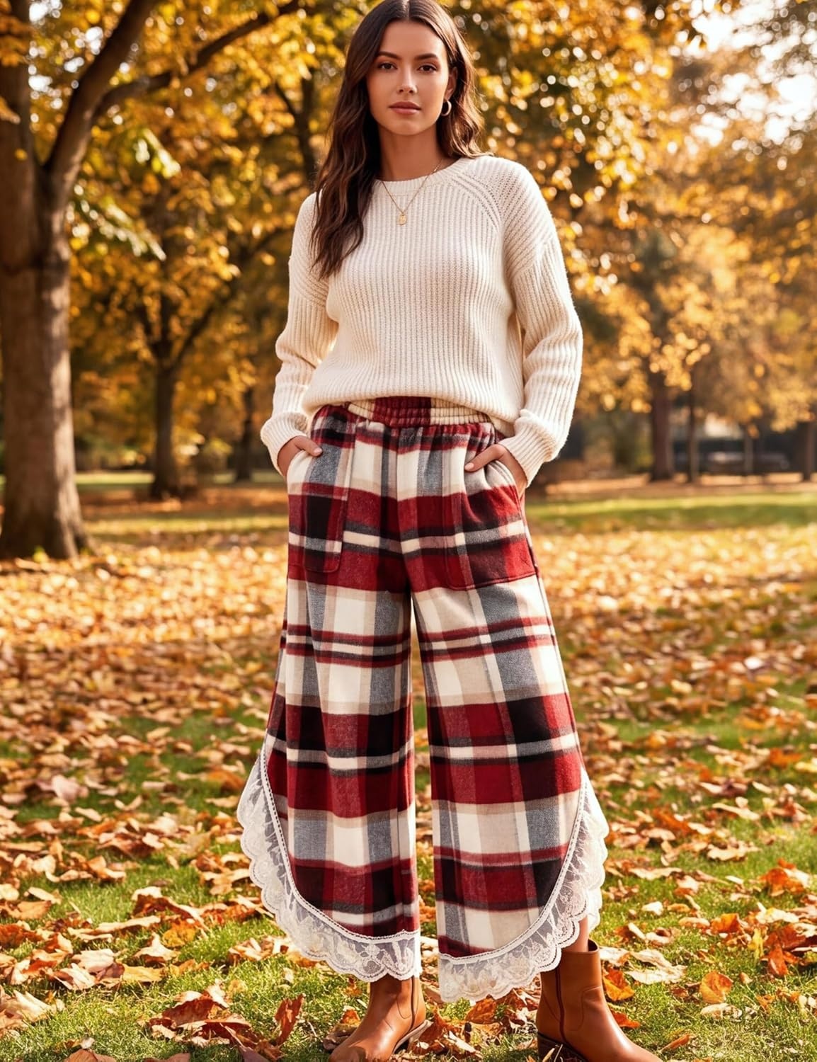 image:imageSpringrain Womens Flannel Plaid Wide Leg Pants Lace Trim Fall TrousersWinered