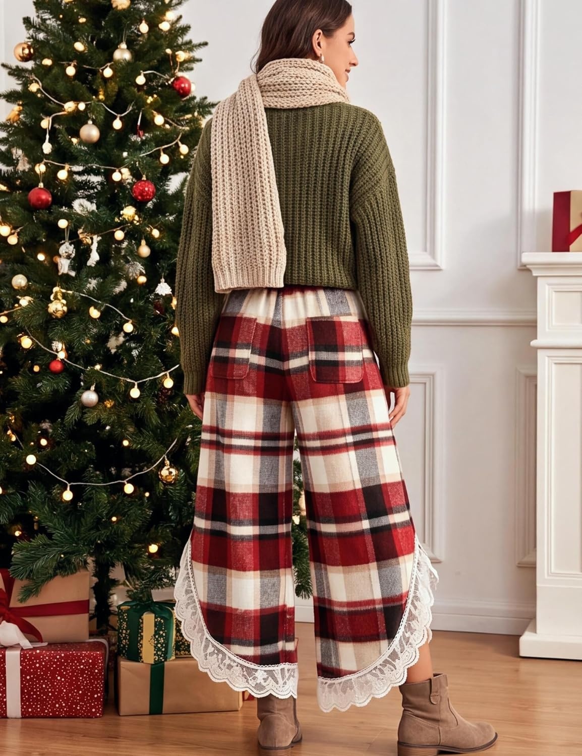 image:imageSpringrain Womens Flannel Plaid Wide Leg Pants Lace Trim Fall TrousersWinered