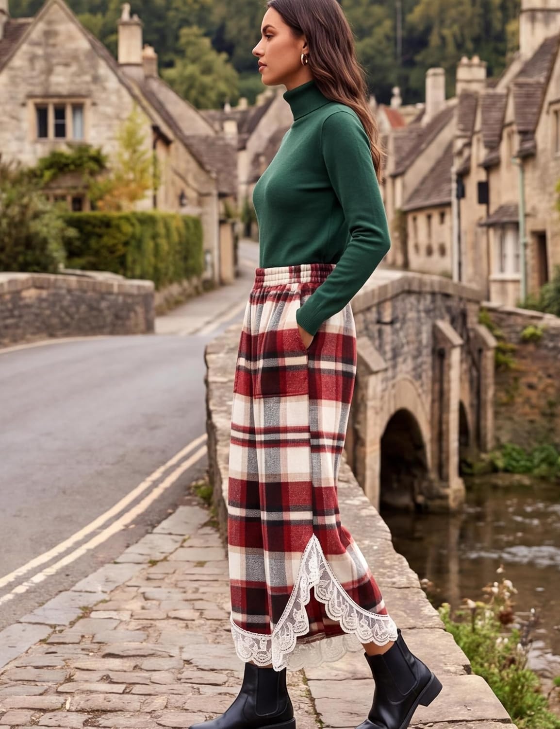 image:imageSpringrain Womens Flannel Plaid Wide Leg Pants Lace Trim Fall TrousersWinered