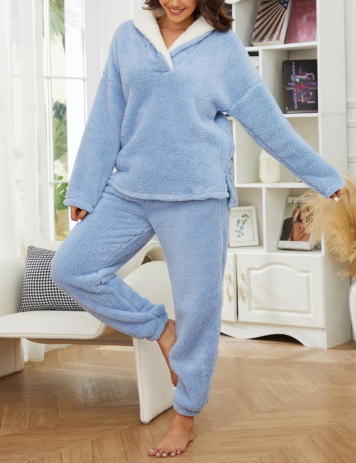 image:imageSpringrain Womens Fluffy Pajamas Set Warm Fleece Pjs SleepwearBlue
