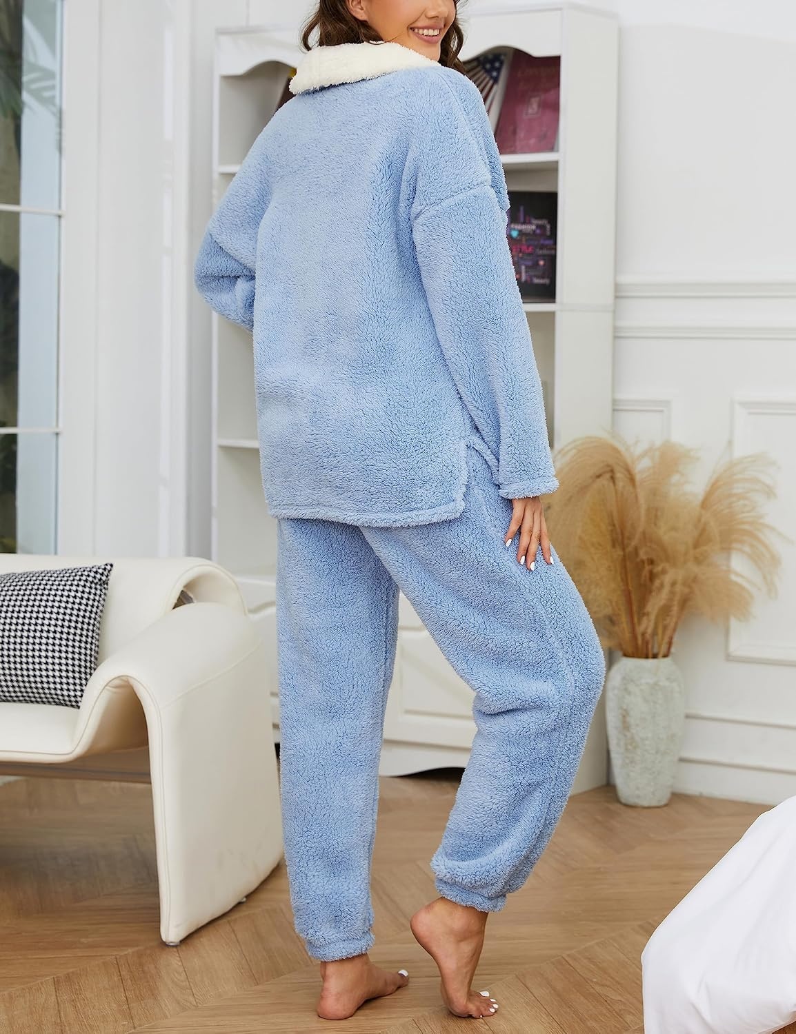 image:imageSpringrain Womens Fluffy Pajamas Set Warm Fleece Pjs SleepwearBlue