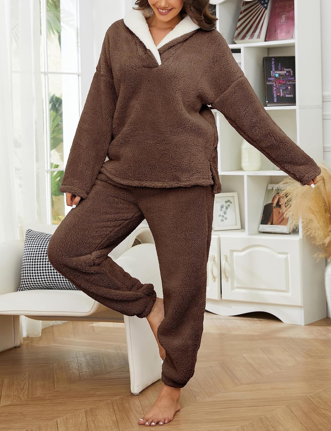 image:imageSpringrain Womens Fluffy Pajamas Set Warm Fleece Pjs SleepwearBrown