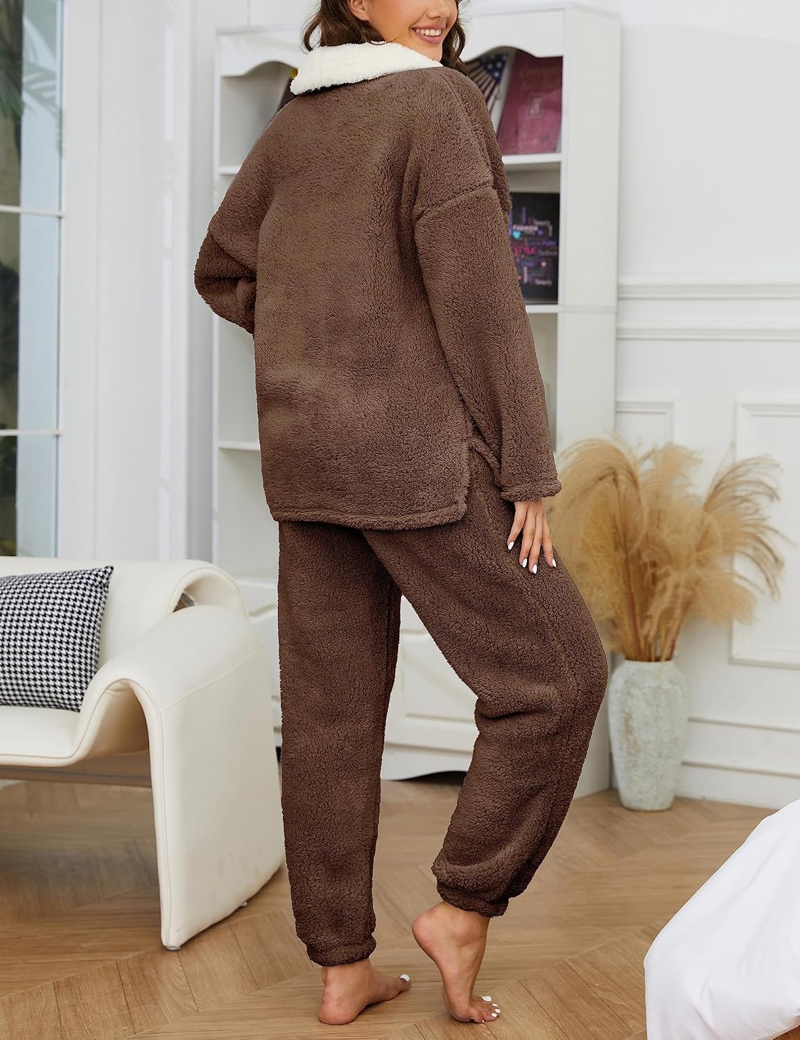 image:imageSpringrain Womens Fluffy Pajamas Set Warm Fleece Pjs SleepwearBrown