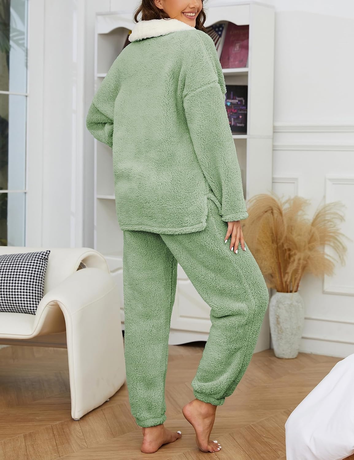 image:imageSpringrain Womens Fluffy Pajamas Set Warm Fleece Pjs SleepwearGreen