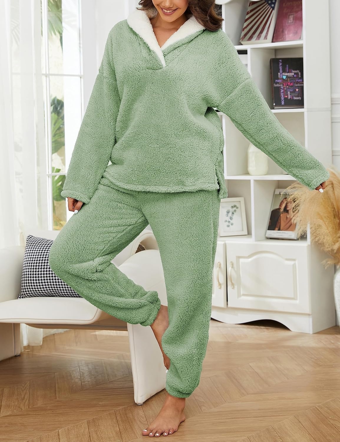 image:imageSpringrain Womens Fluffy Pajamas Set Warm Fleece Pjs SleepwearGreen